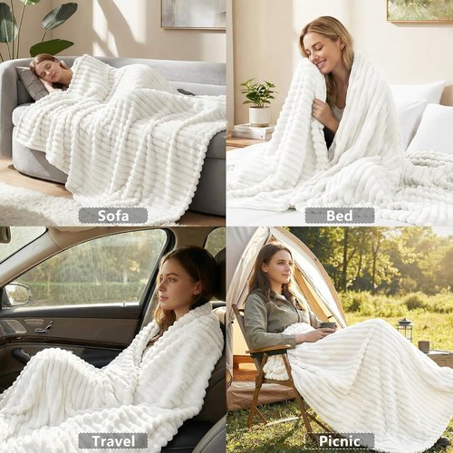 HIMEET Off White Ribbed Queen Size Blanket - 300GSM Lightweight Fleece for Cozy Home Decor | 90x90 Inches