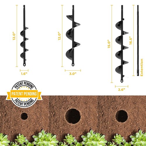 Auger Drill Bit Set by [Brand Name] - 3-Pack Spiral Hole Planter for Bulbs & Fence Posts - 3/8'' Hex Drive Gardening Tool