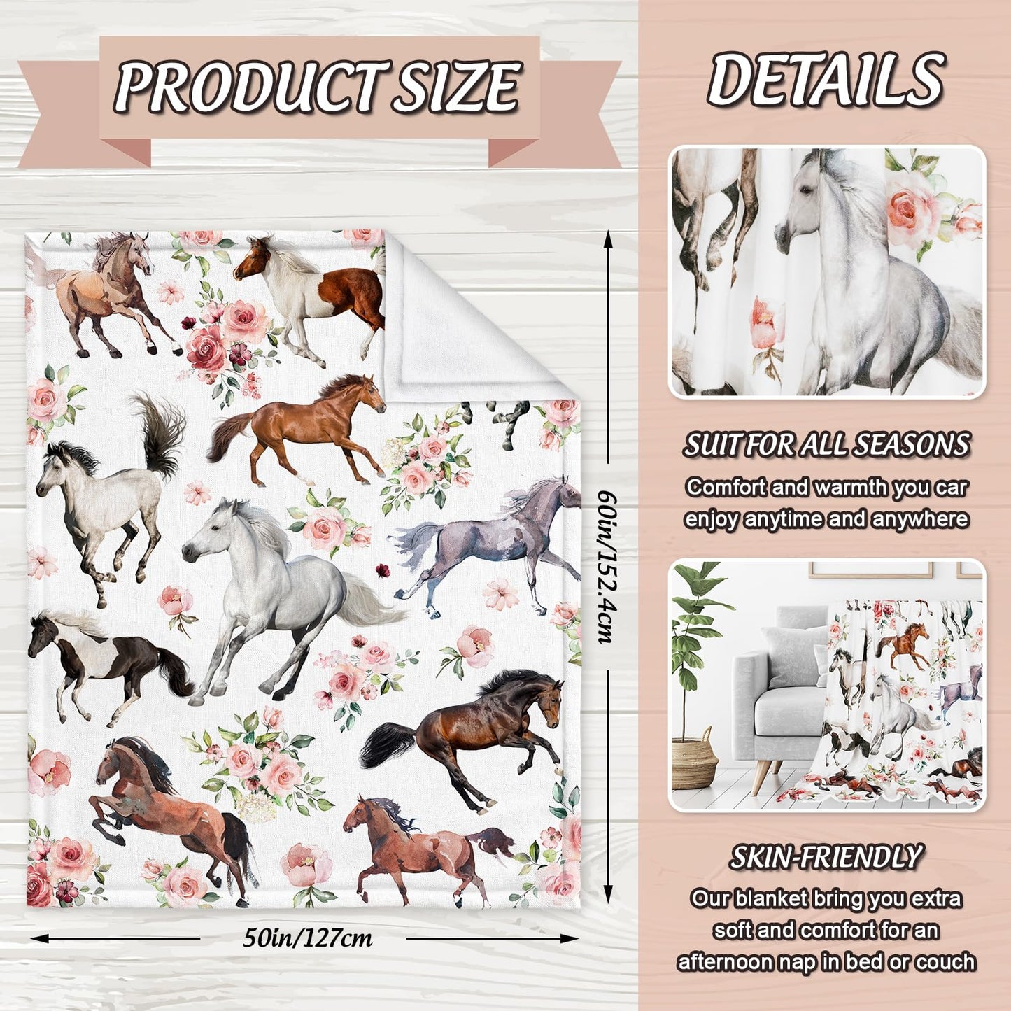 JarThenaAMCS Floral Horse Fuzzy Blanket 60 x 50 Inch Farmhouse Throw Blanket Watercolor Flower Cow Soft Cozy Flannel Blankets for Home Chair Sofa Couch Bed