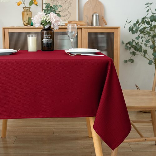 Biscaynebay Textured Fabric Christmas Square Table Cloth 90x90 Inch, Red Water Resistant Tablecloths for Dining, Kitchen, Wedding and Parties, Machine Washable