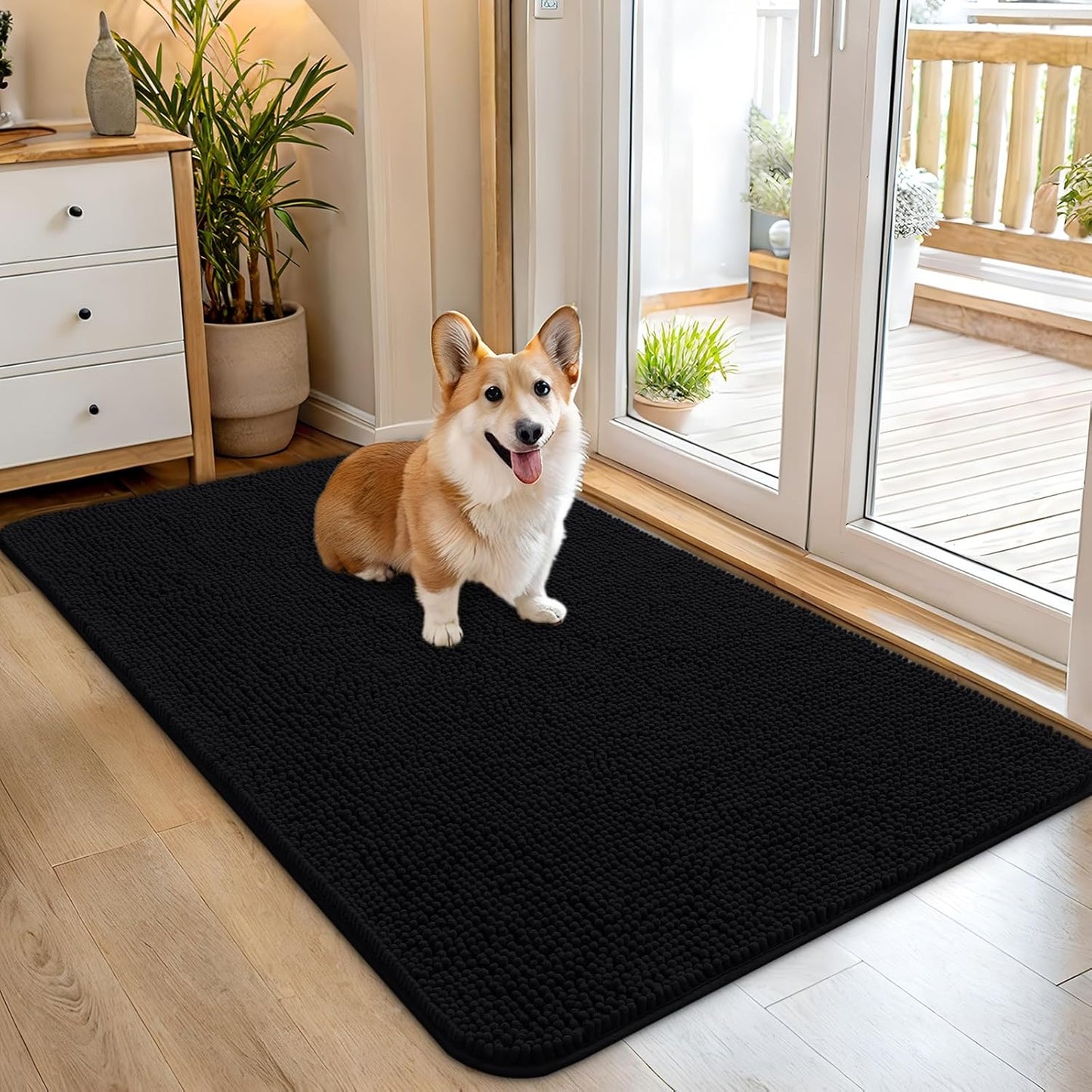 OLANLY Dog Door Mat - Absorbent Non-Slip Chenille Mat for Muddy Paws | 45x27 Inches, Quick Dry, Black