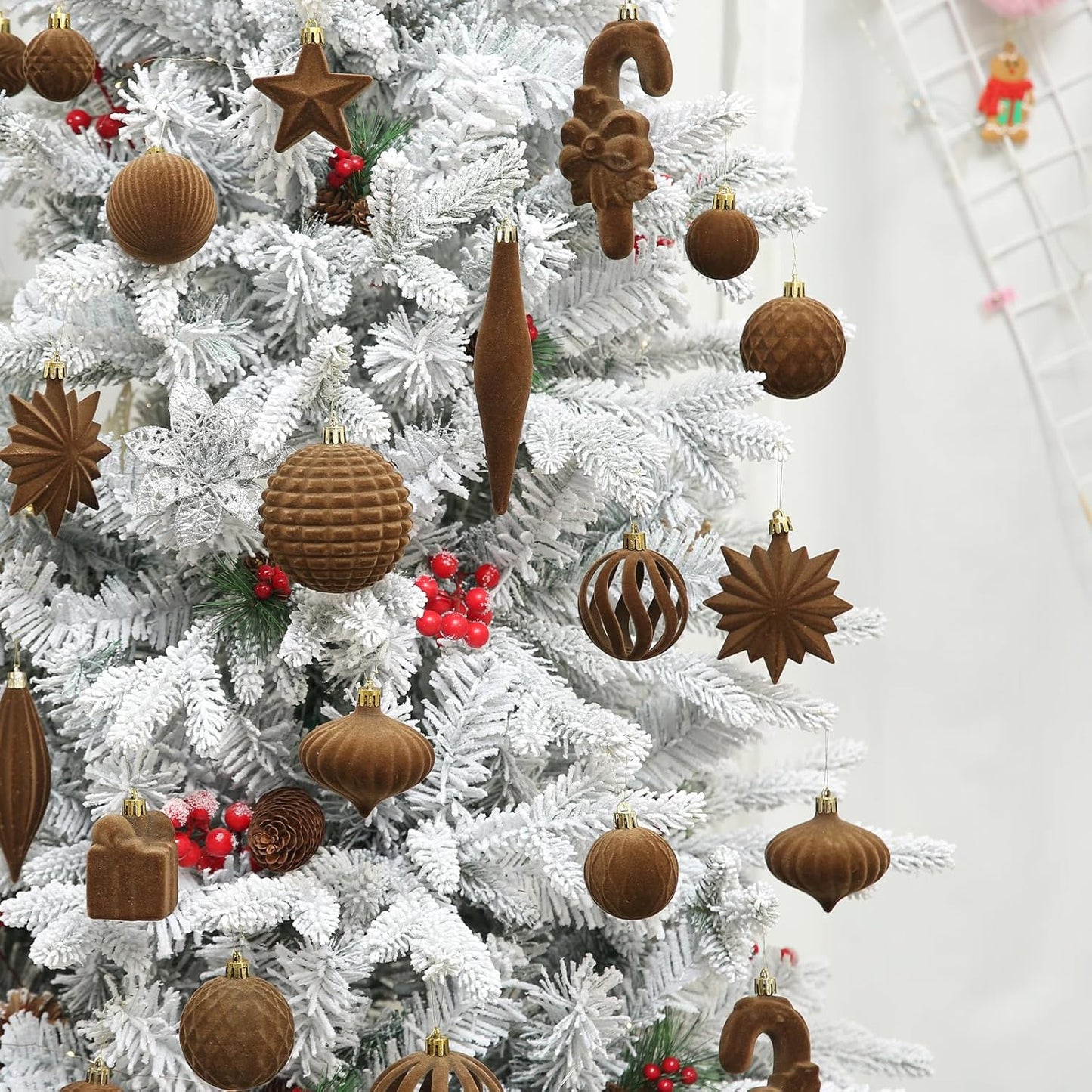 Regine Switzerland 50 Pcs Brown Velvet Christmas Balls - Flocked Hanging Ornaments for Holiday Decor
