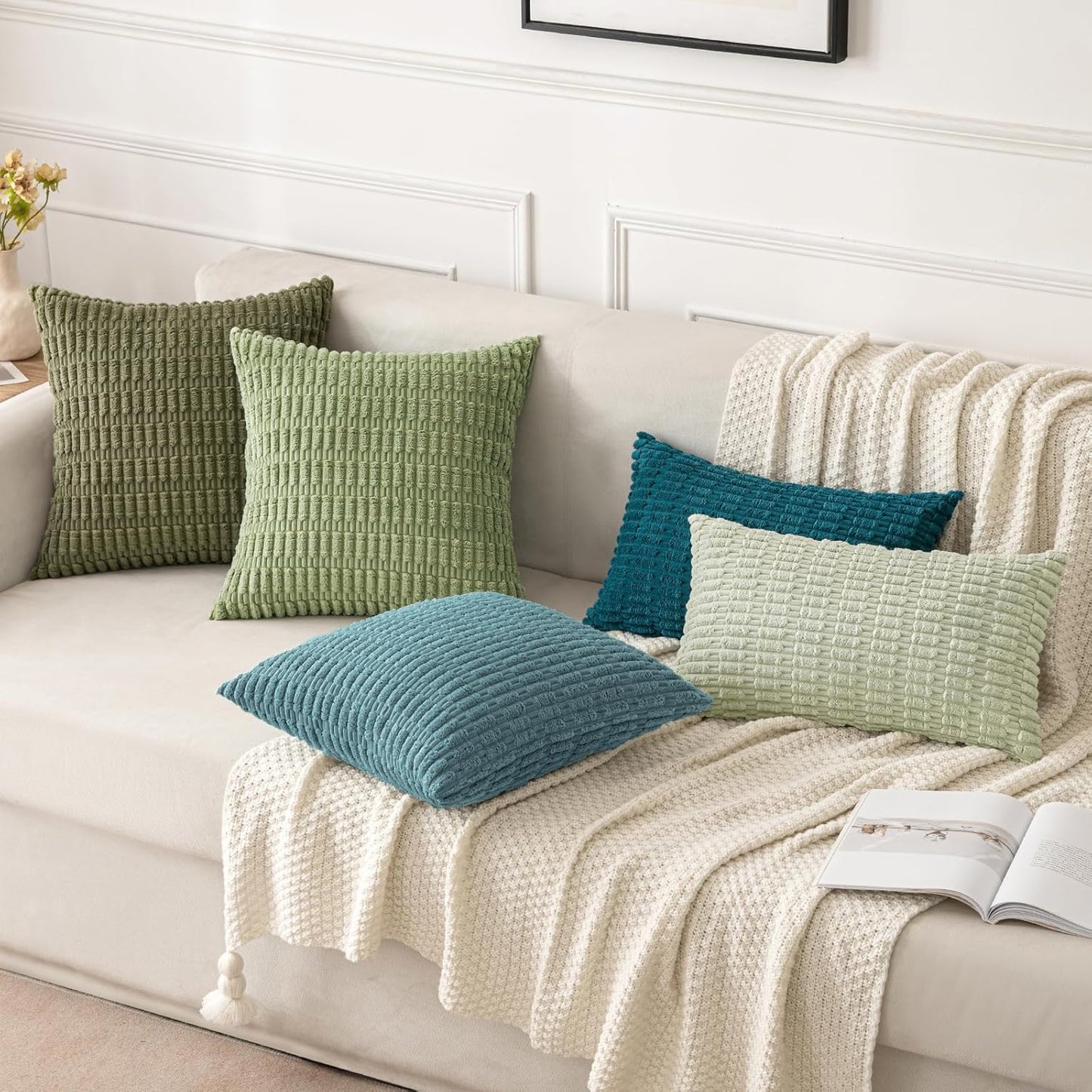 MIULEE Corduroy Throw Pillow Covers - Soft Boho Striped Design, 16x16 Inch, Coastal Blue for Modern Home Decor