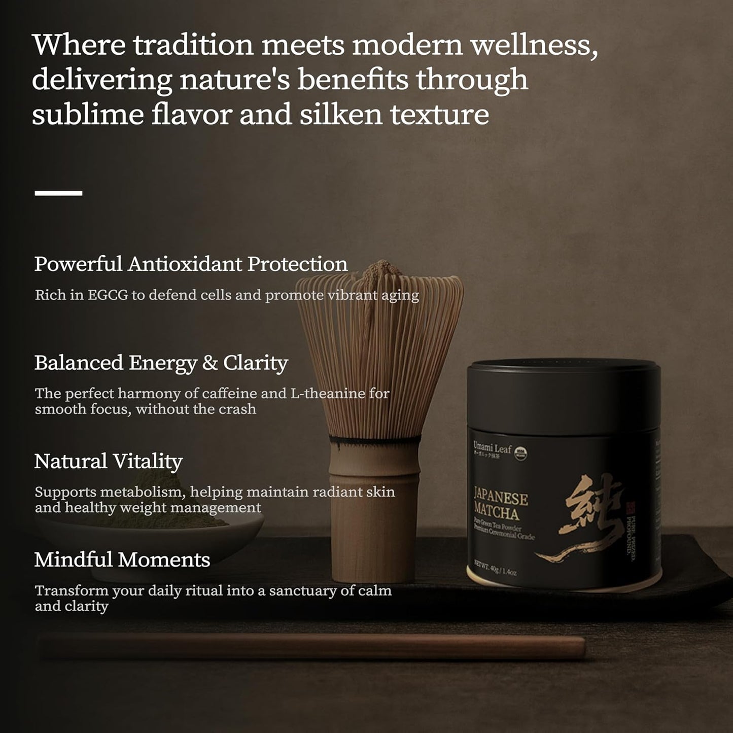 Umami Leaf Organic Japanese Ceremonial Grade Matcha - 100% Pure Green Tea Powder, USDA Certified, Authentic Uji Kyoto Origin (40g / 1.4oz Tin)