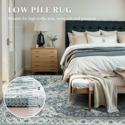 Deerly Boho Tribal Area Rug 5x7 Vintage Rug Bohemian Washable Large Living Room Rugs for Bedroom Non Slip Low Pile 5x7 Rug for Kitchen Entryway Bathroom Bedroom Dining Room Office, Canal Blue