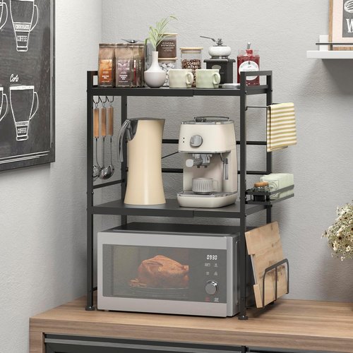 DOLALIKE Microwave Oven Rack - Expandable Kitchen Stand with 6 Hooks for Utensil Storage | Carbon Steel