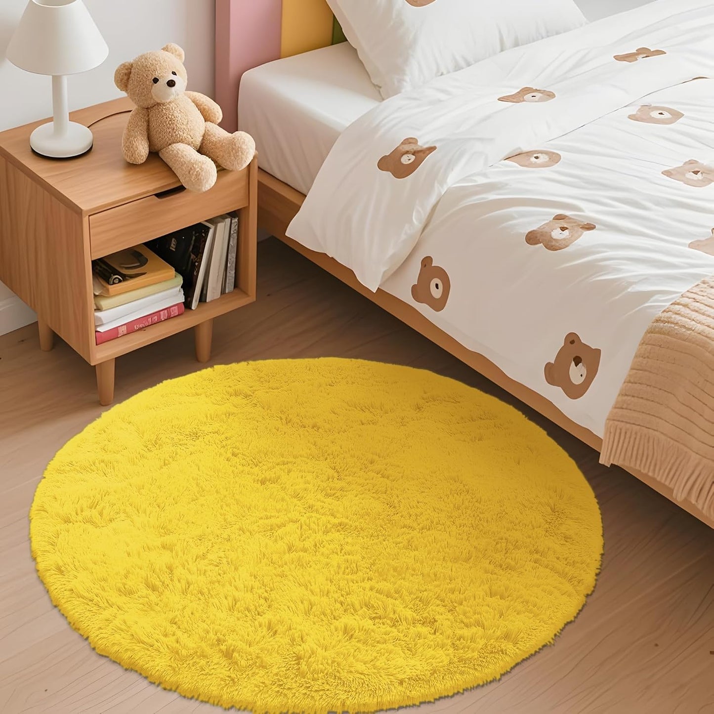 OLANLY Yellow Round Area Rug - Soft, Machine Washable 3 ft Shaggy Carpet for Bedroom & Living Room Decor