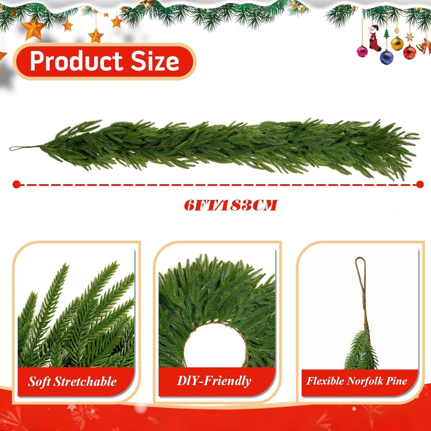 Regine Switzerland 12Ft Artificial Norfolk Pine Christmas Garland - Real Touch Green Decor for Indoor/Outdoor Holiday