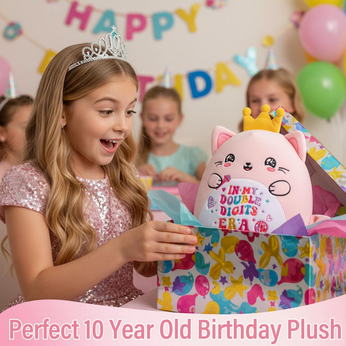 NIUBEHOHO 10th Birthday Gifts Cat Plush – Pink Cat Stuffed Animal with Crown for Girl Birthday Party Decoration 10 Years Old Girls in My Double Digits Era Themed 10 Inch