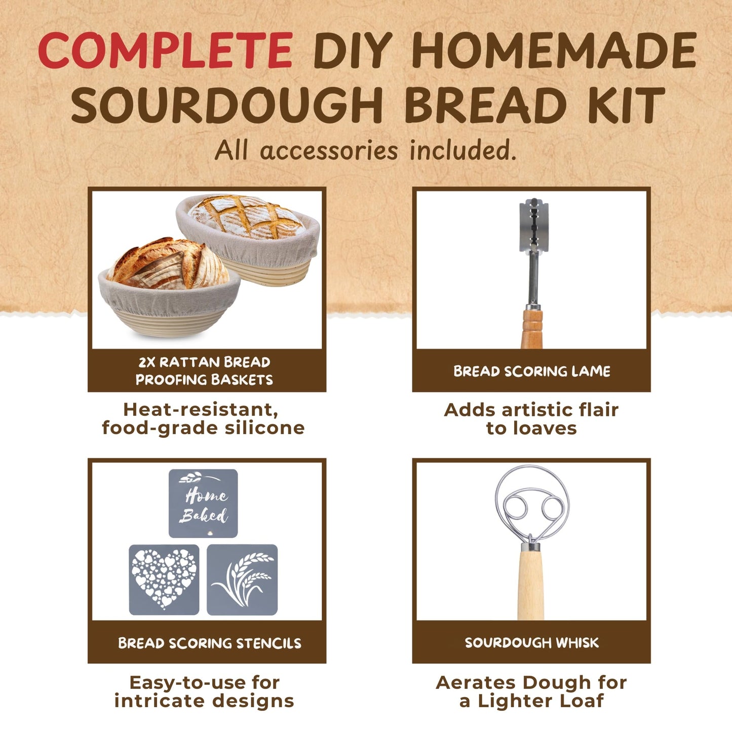 Complete Sourdough Bread Starter Kit, Glass Sourdough Starter Jar Kit & Tons of Sourdough Bread Baking Supplies - Sourdough Starter Kit Includes Sourdough Jar, Banneton Basket (2x Baskets and Jar)