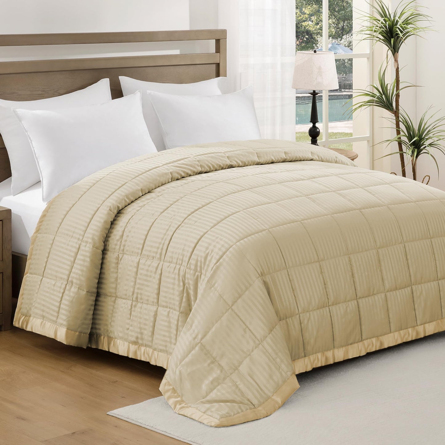 UNIKOME Blankets King Size - Soft Lightweight Down Alternative Blankets with Satin Trim, Cozy Luxury Bed Blanket for All Season, Khaki (108"X90")