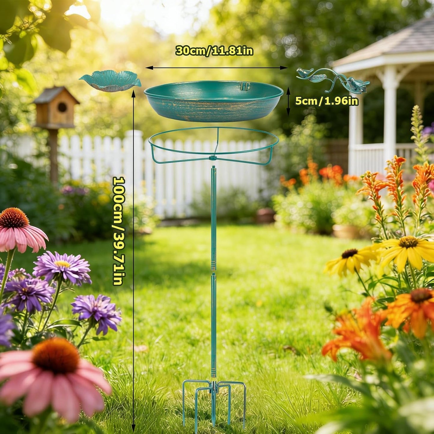 Mellbree Bird Bath - 12" Dia, 39" H Lake Blue Metal Birdbath with Gold Gilding | Freestanding Outdoor Decor
