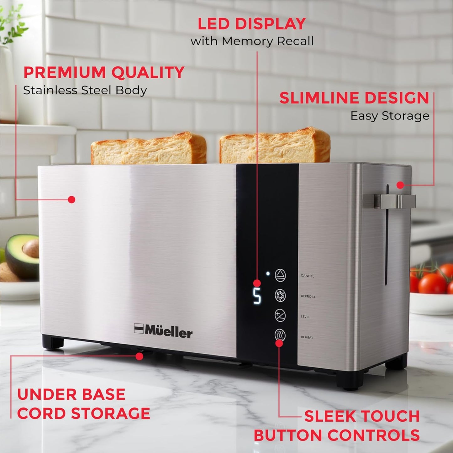 Mueller UltraToast 2-Slice Stainless Steel Toaster - Extra-Wide Slots, 6 Browning Levels & LED Display