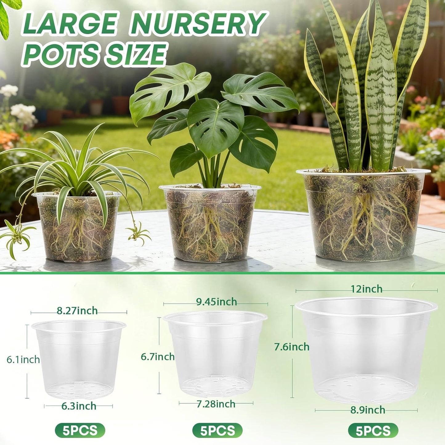Skiennix Large Clear Nursery Pots - 15 Pack with Drainage Holes for Indoor/Outdoor Gardening | 8, 10, 12 Inch