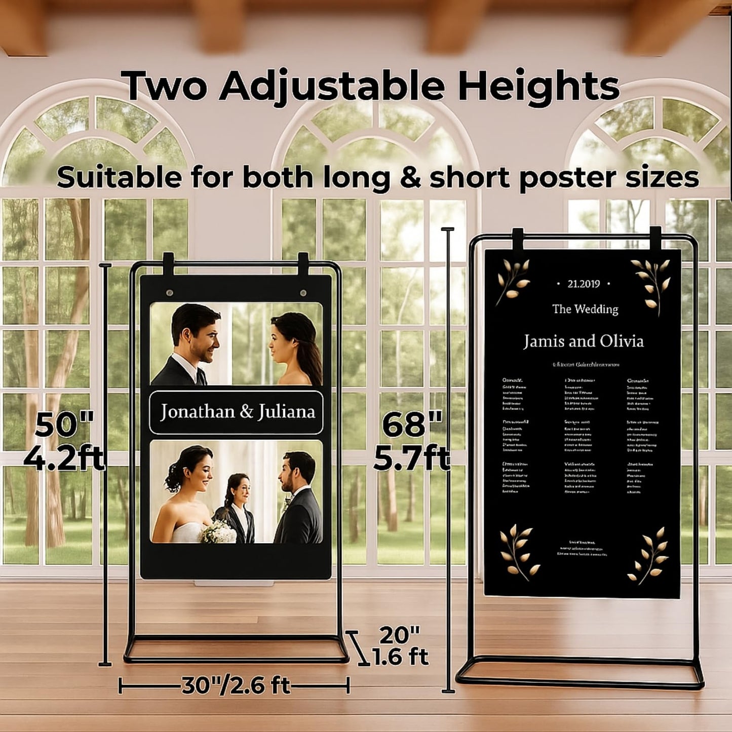 Merrifete Welcome Sign Stand, Adjustable Sign Holder Stand w/ Poster Design Templates & Leather Straps, Heavy Duty Metal Easel for Wedding, Bridal Shower, Birthday Party, Baby Shower, 68" x 30" x 20"