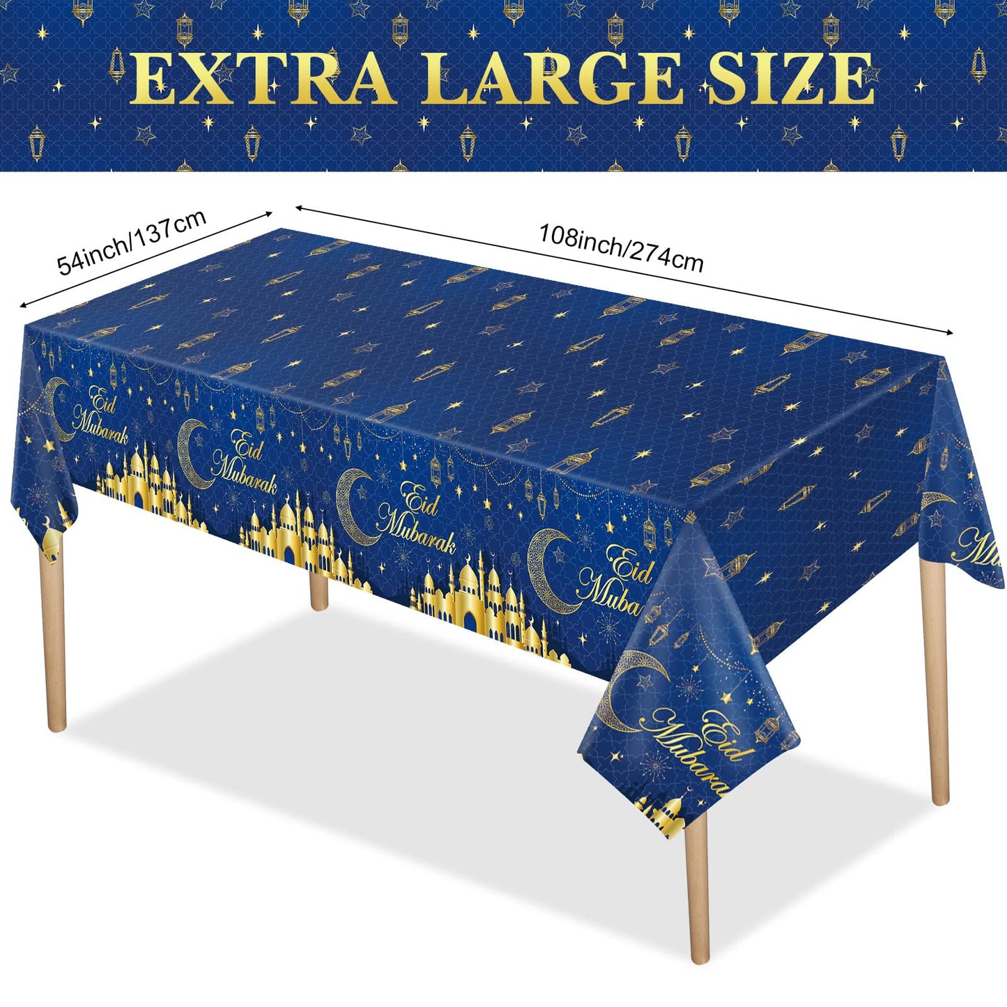 3 Pcs Eid Mubarak Tablecloth 54" x 108" Plastic Ramadan Table Cloth Disposable Rectangle Ramadan Kareem Table Covers Muslim Islamic Moon Star Party Tablecloth for Eid Al Fitr Party Decoration Supplies