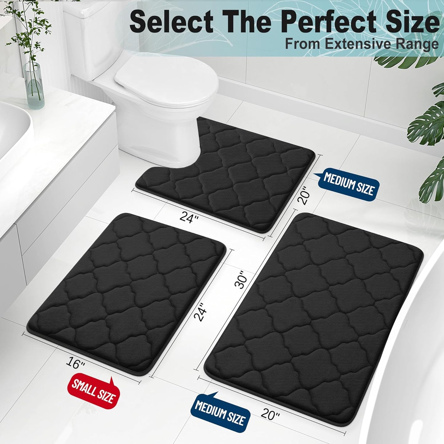 OLANLY Memory Foam Bath Mat Rug - Ultra Soft, Absorbent & Non-Slip | 24x16 Black Bathroom Carpet