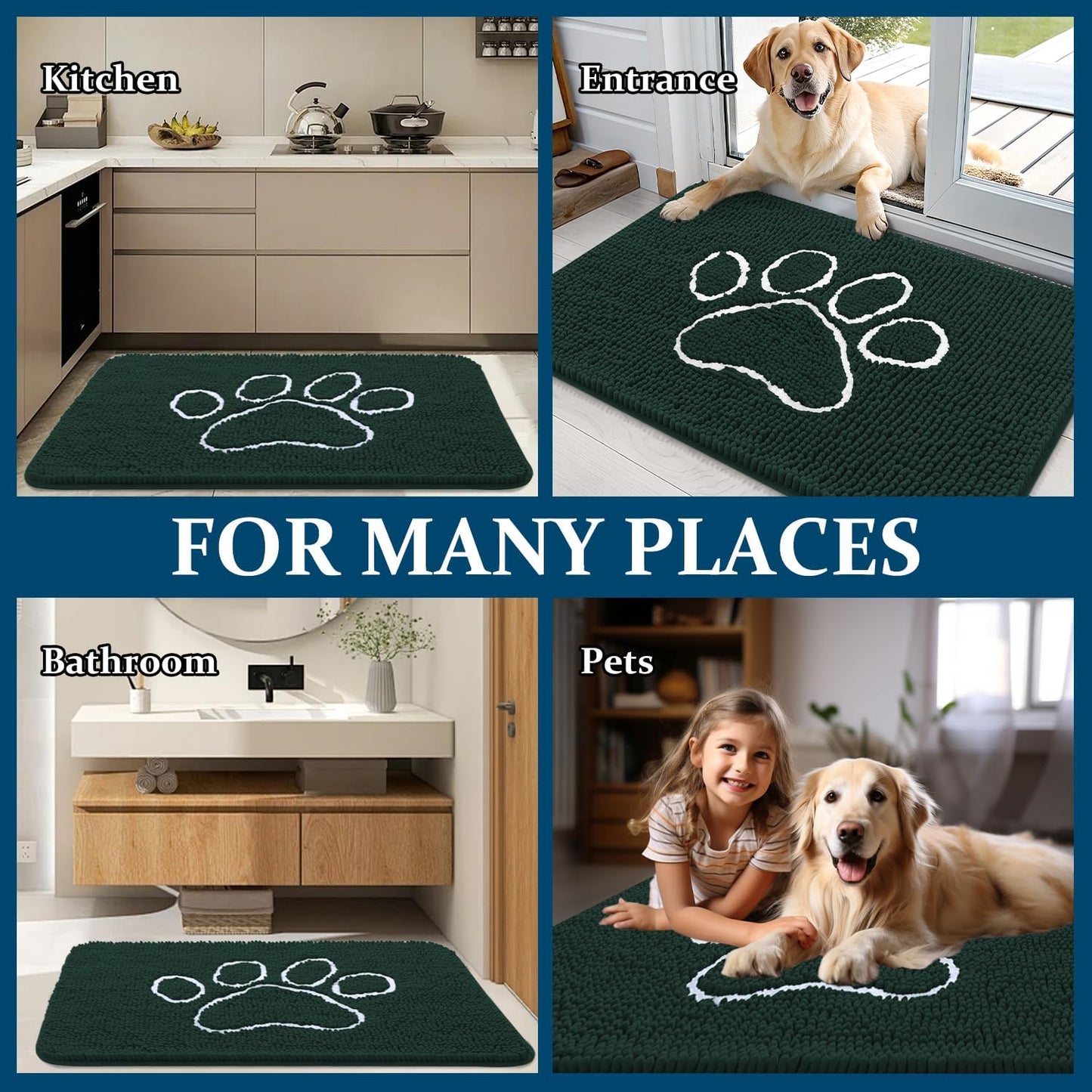 OLANLY Dog Door Mat - Absorbent Non-Slip Mud Mat for Muddy Paws | 40x32, Blackish Green, Quick Dry Chenille