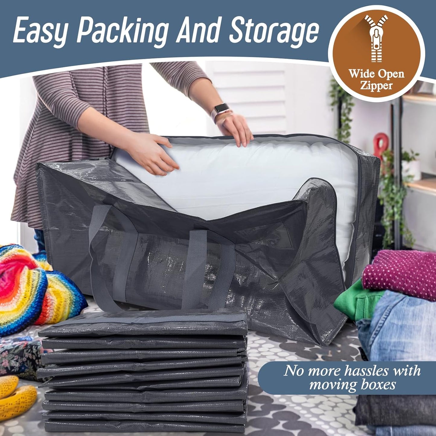 Skiennix Extra Heavy Duty Moving Bags - 6 Pack with Strong Zipper & Comfortable Handles | Durable Gray Storage Totes