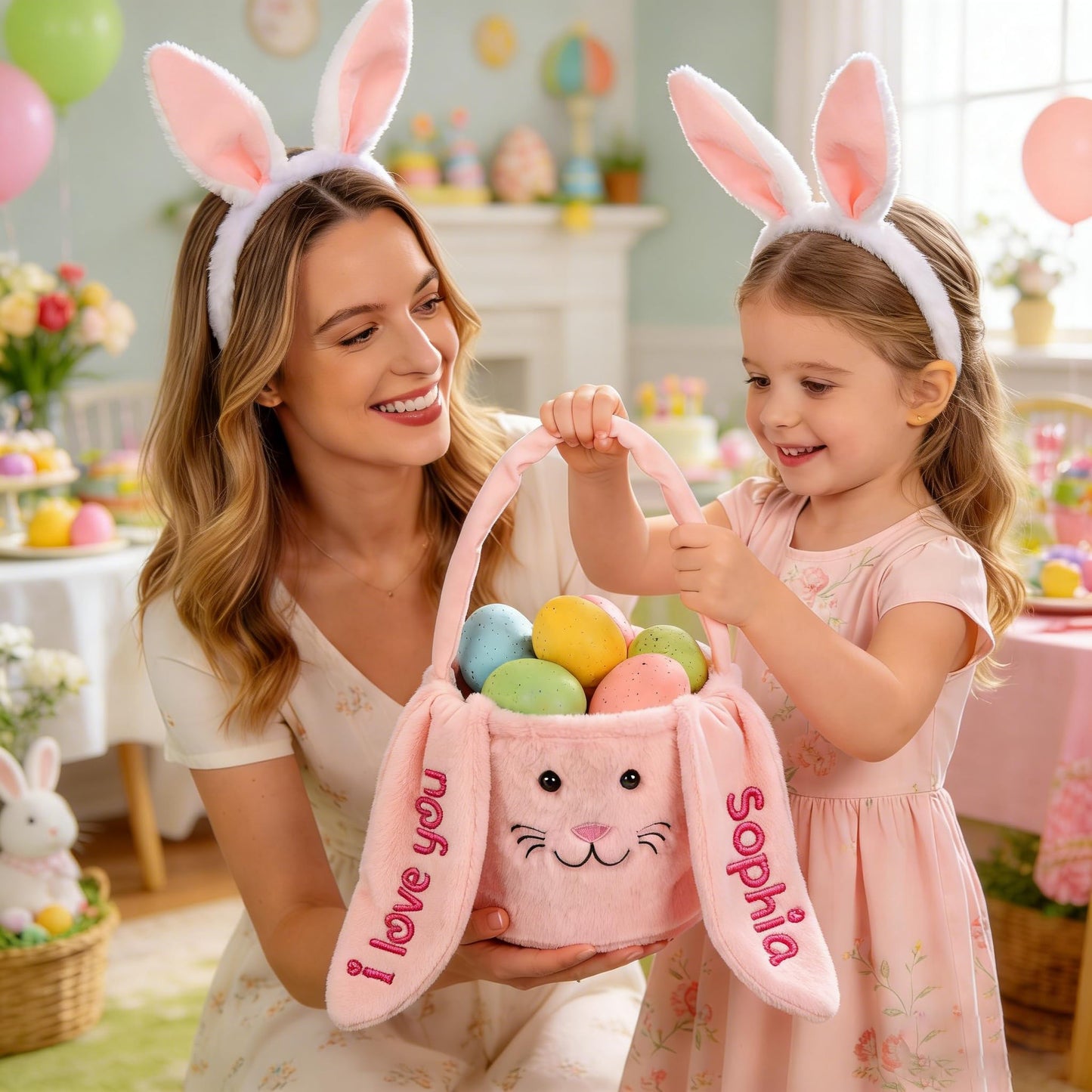 Personalized Easter Baskets for Kids, Custom Bunny Plush Bag with Name for Boys & Girls Spring Egg Hunt Tote with Long Plush Ear, Easter Gift Basket Decor Christmas Birthday Gifts
