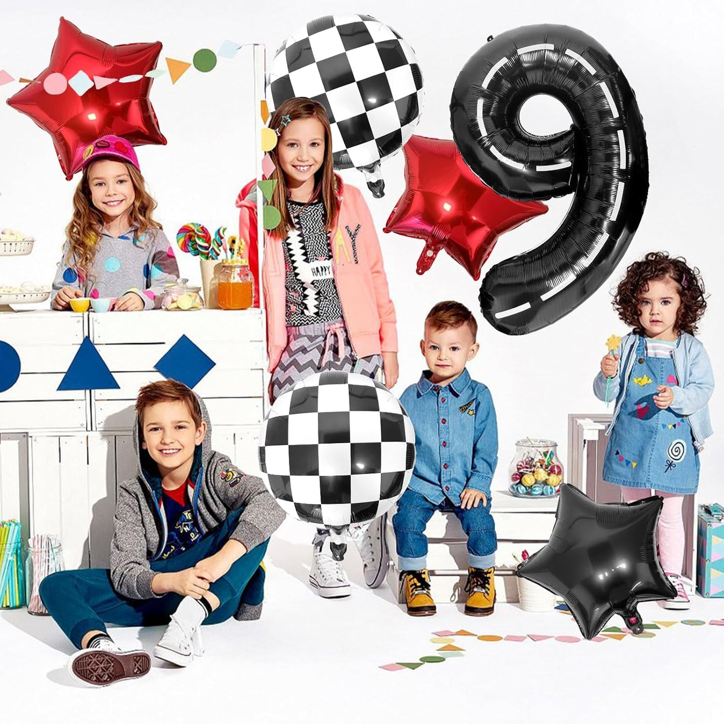 Race Car 9 Balloon - 40 Inch Checkered Star Balloon for Boys' 9th Birthday Party Supplies