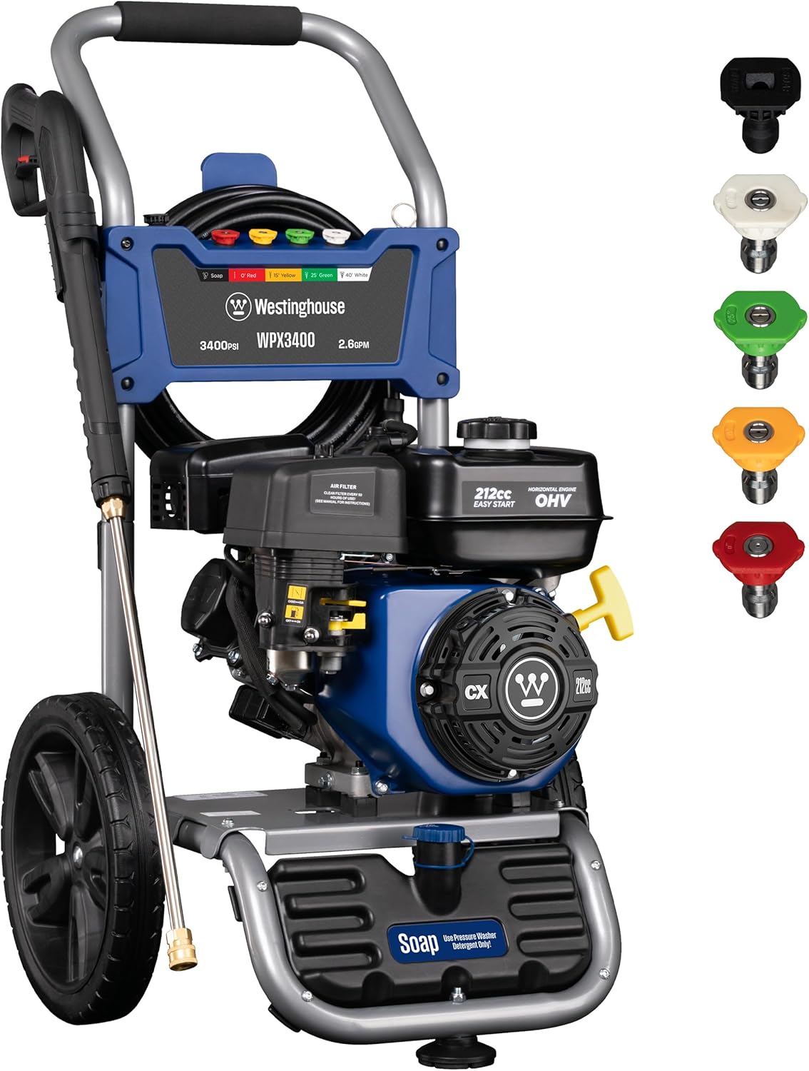 Westinghouse WPX3400 Gas Pressure Washer - 3400 PSI, 2.6 GPM, Onboard Soap Tank & 5 Nozzle Set