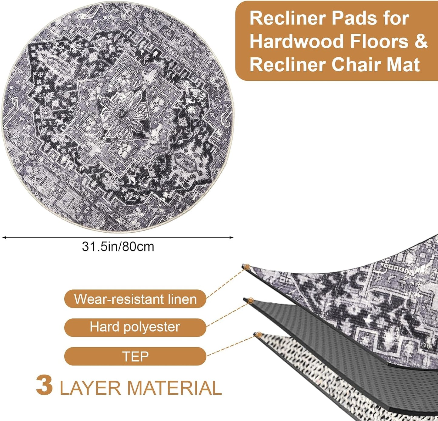 Skiennix Recliner Chair Mat - Non-Skid Round Furniture Pad for Hardwood Floors | 31.5-Inch Diameter