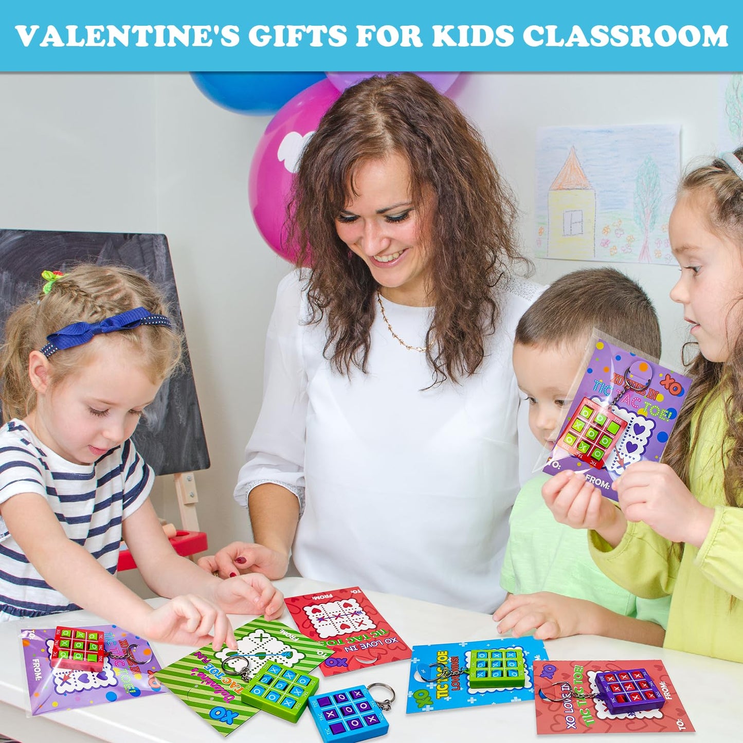 Valentines Day Gifts Cards for Kids School Classroom,28 Pack Tic Tac Toe Game Keychains with Cards for Boys Girls,Valentine Class Non Candy Treats Goodie Bag Stuffers Party Favors Prizes for Toddlers