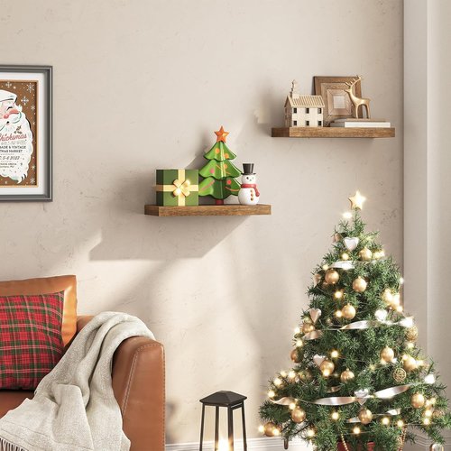 HOOBRO Floating Wall Shelves - Set of 2 Rustic Brown 15.7" Shelves with Invisible Brackets for Home & Office