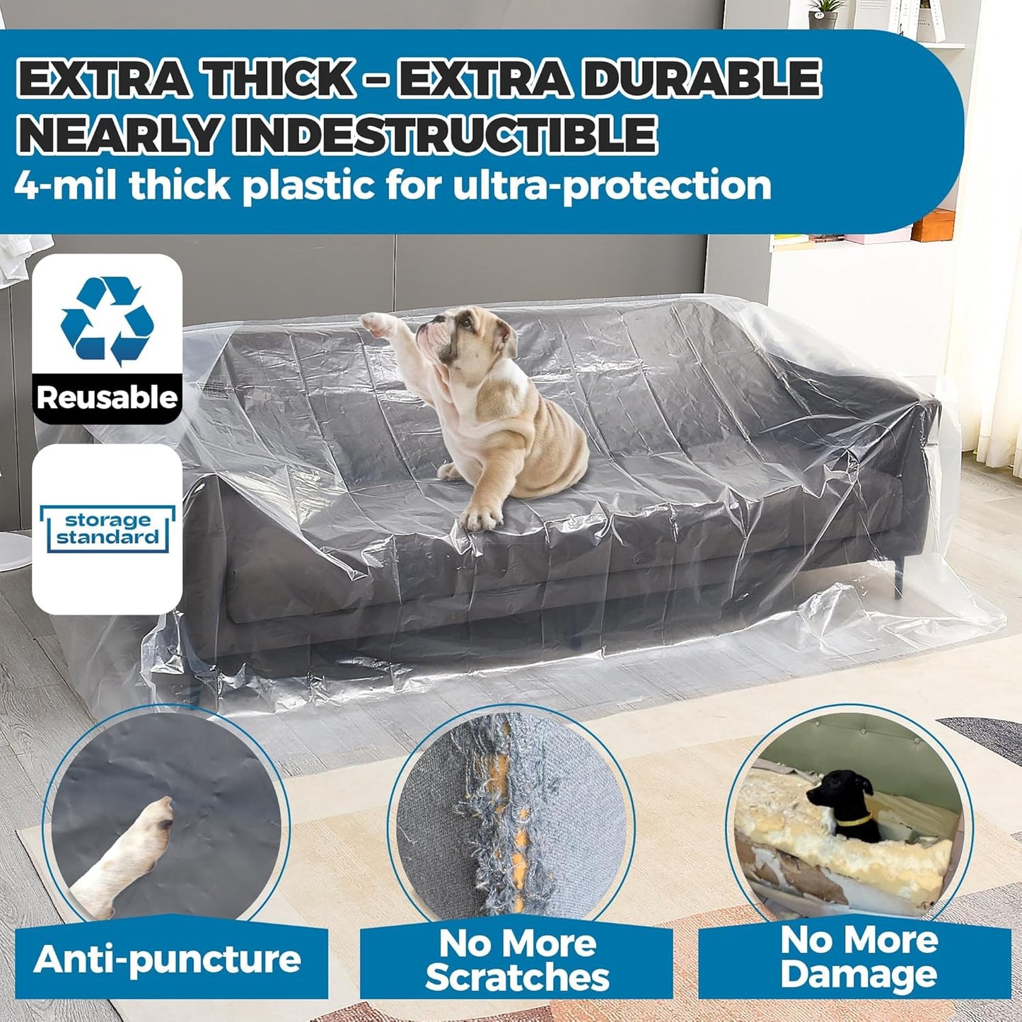 Plastic Furniture Covers - Heavy-Duty Waterproof Couch Cover for Moving | Extra Large 96 x 42 x 62 Inch