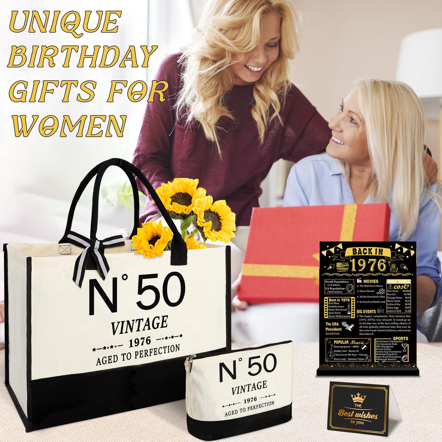 YeohJoy 50th Birthday Gifts for Women Canvas Tote Bag Travel Gear, Unique 50 Years Old Gifts for Wife Sister Mom Aunt Friends Her, Vintage N°50 Beach Bag & Cosmetic Bag & Back in 1976 Poster
