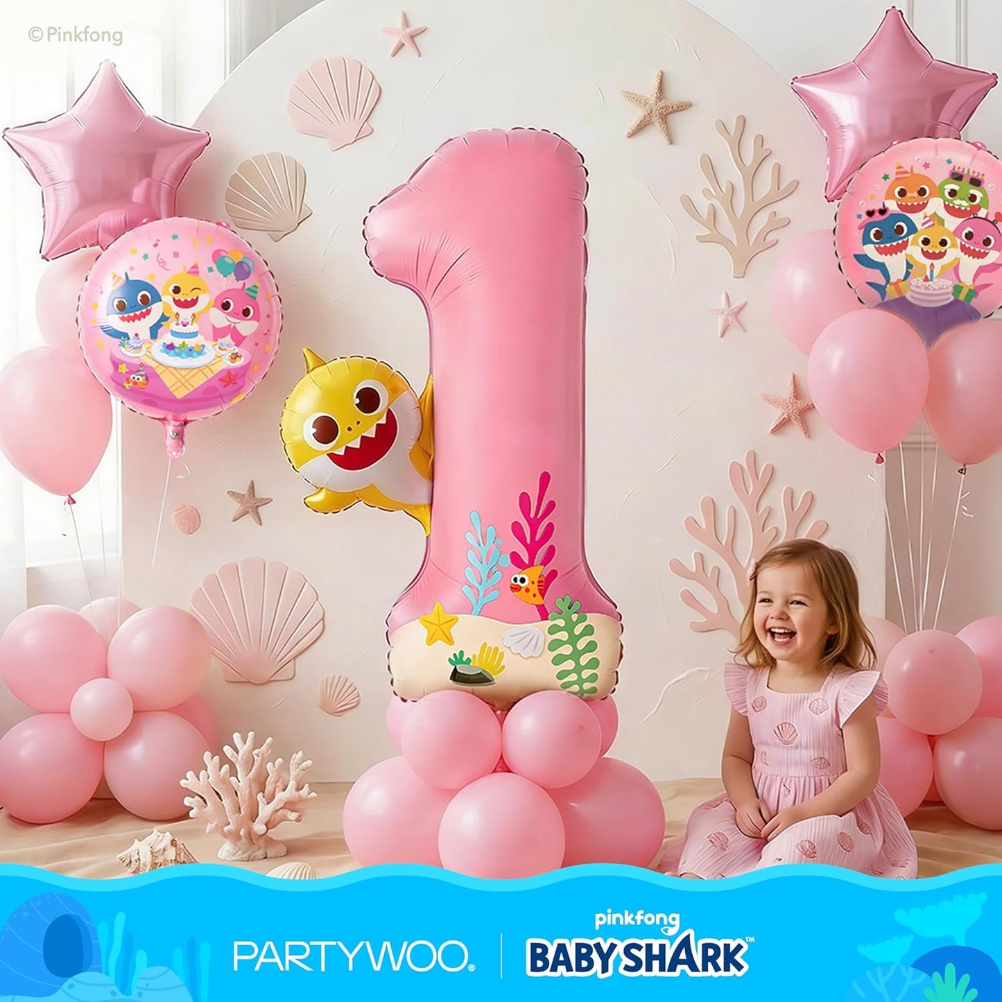 PartyWoo Baby Shark Pink Foil Number 1 Balloon - 40 Inch Mylar Helium Birthday Decoration for Kids