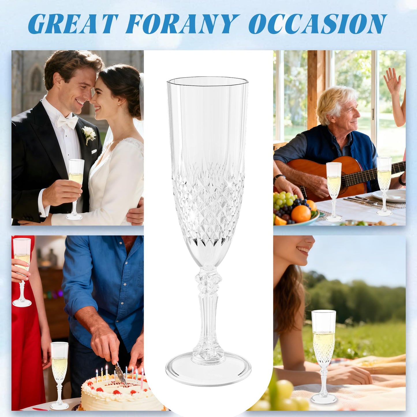 LEYIQU Plastic Champagne Flutes, Champagne Glasses Bulk, Reusable Unbreakable Acrylic Wine Glasses Goblets for Weddings Bachelor Parties Toasting Bridal Shower (24,Transparent)