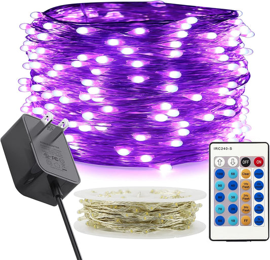 300 LED Dimmable Purple Fairy Lights - 99 Ft Waterproof Silver Wire String Lights with Remote for Christmas, Halloween, Party & Garden