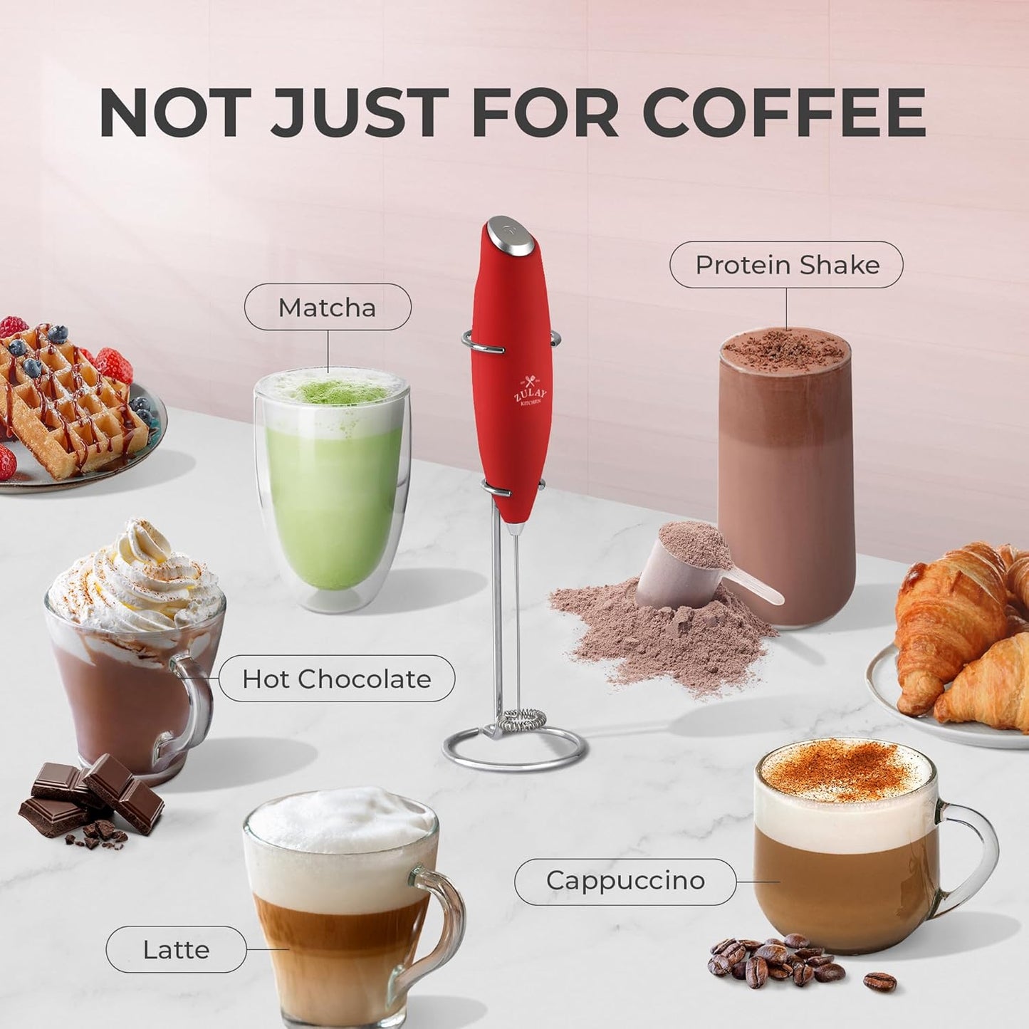 Zulay Kitchen Milk Frother Wand - Ultra-Fast Handheld Electric Whisk for Coffee & Lattes - Cardinal Red