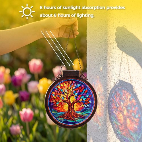 Hoikwo Solar Powered Suncatcher | Tree of Life Design | 8.6" Stained Acrylic Window Decor for Gardens & Porches