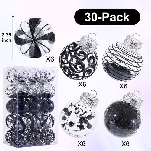 BSTCRAFT 60MM/2.36 Christmas Ornaments Set, 30pcs Clear Christmas Ornaments Black Shatterproof Decorative Baubles for Xmas Tree