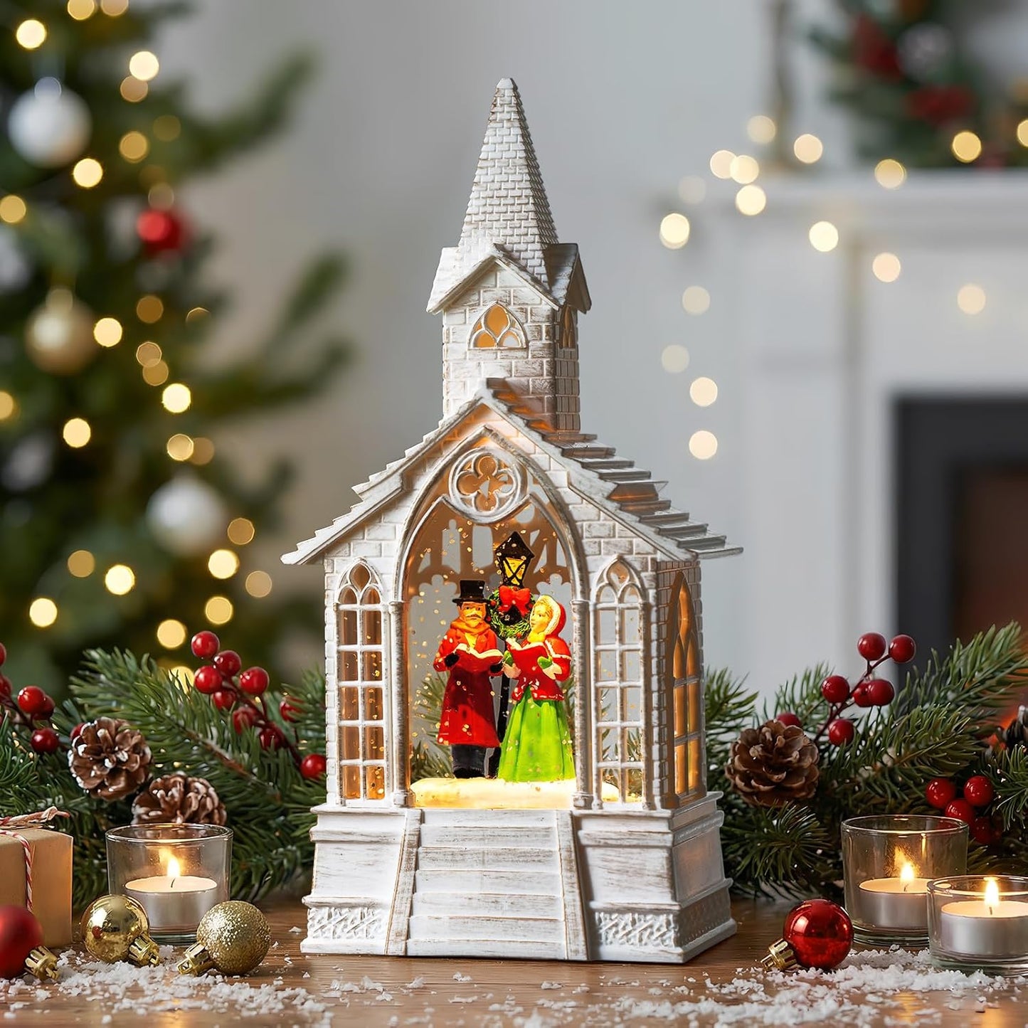 Skiennix Christmas Village Snow Globe - Church Choir Water Lantern with Silent Night Music | Holiday Gift for Family & Friends