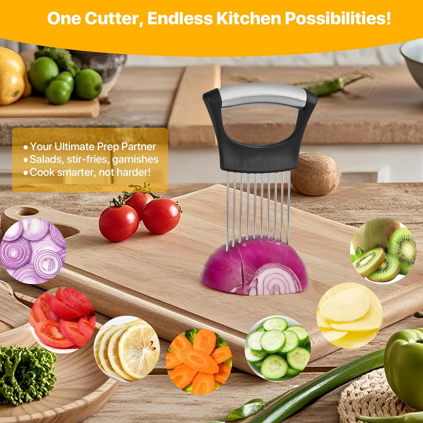 【2 PCS】Onion Holder for Slicing - Stainless Steel Vegetable & Fruit Cutter Chopper for Onions, Tomatoes, Avocados, Potatoes, Eggs, Meat & Lemon - Kitchen Slicer Assistant with Neat Guide & Tenderizer.