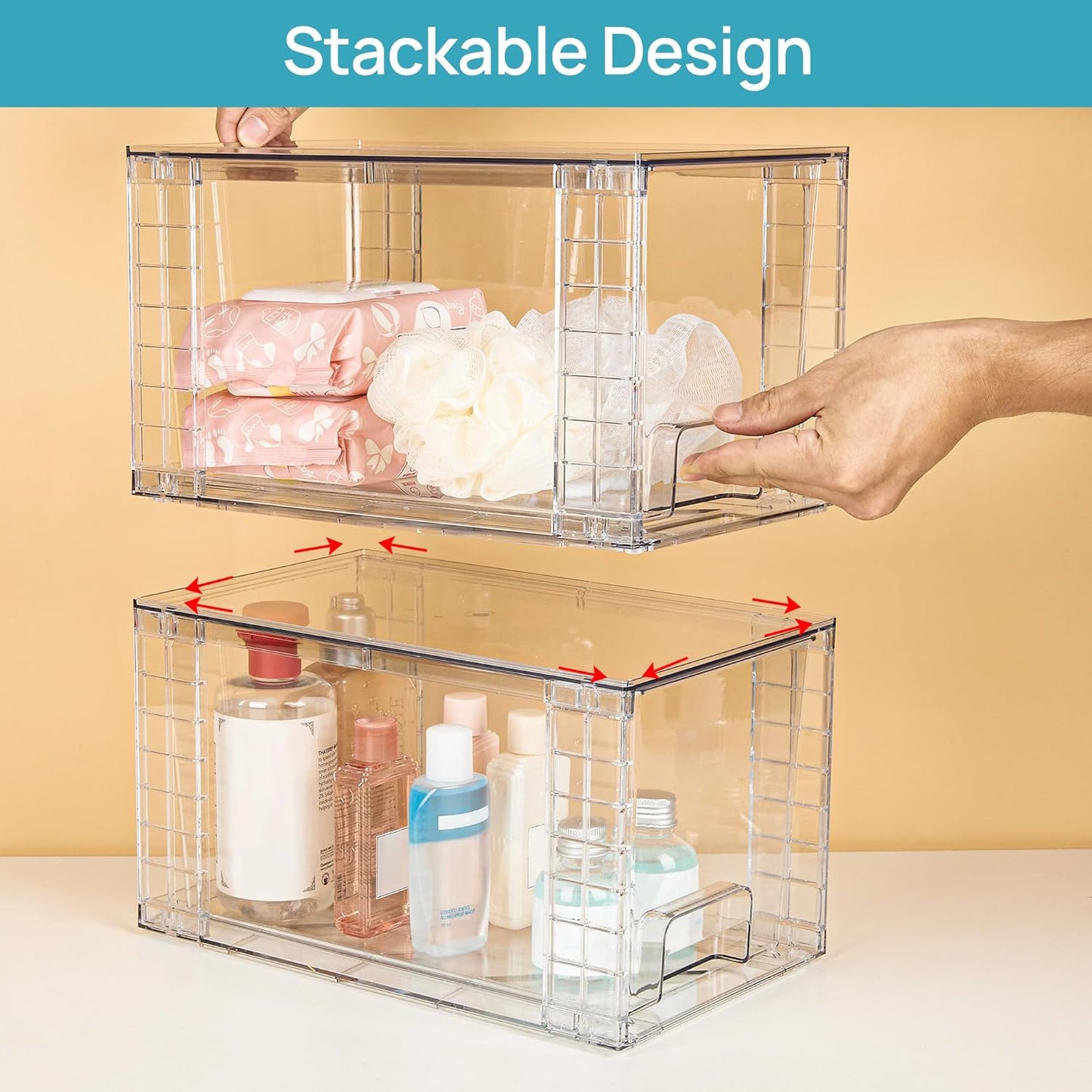 Vtopmart 4 Pack Large Stackable Storage Drawers - Easy Assembly Acrylic Organizers for Bathroom & Kitchen