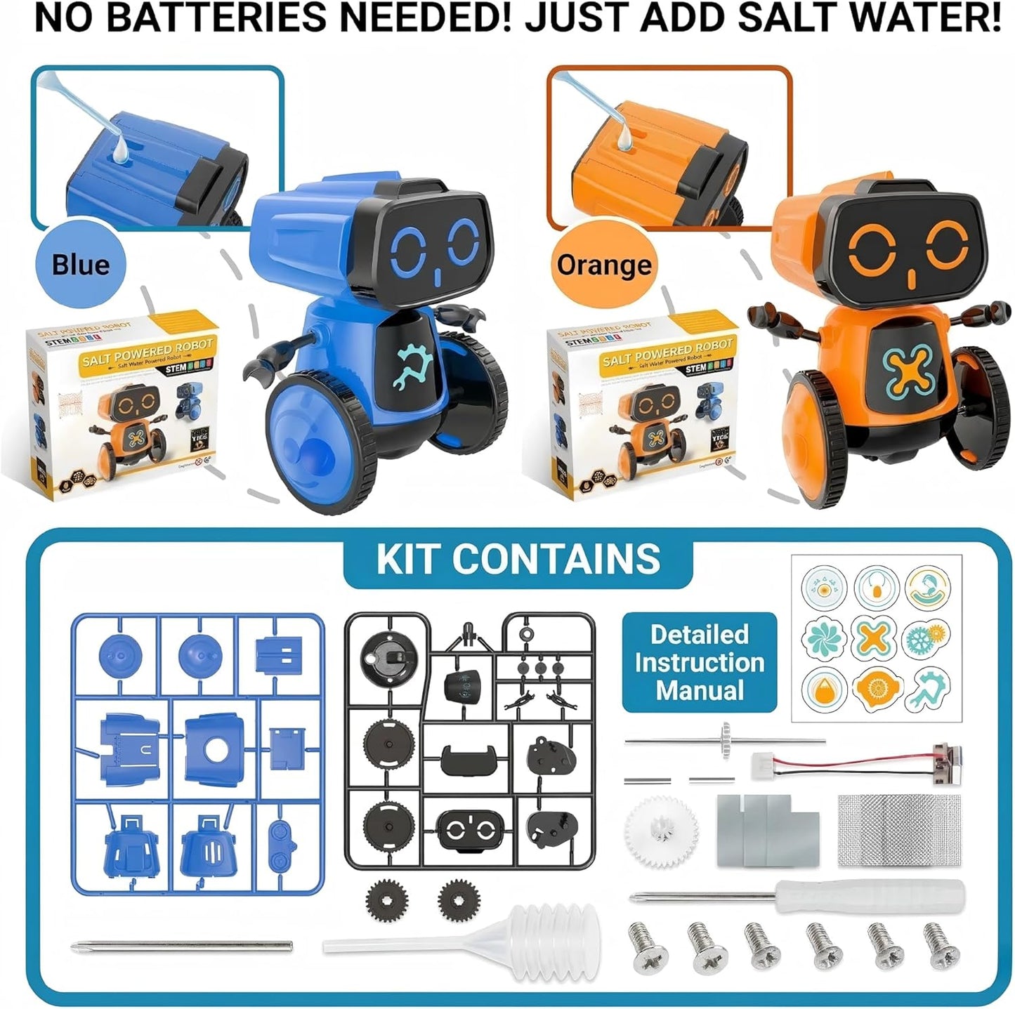 Science Saltwater-Powered Robot Kit - DIY STEM Gift for Boys & Girls | No Batteries Required, Blue