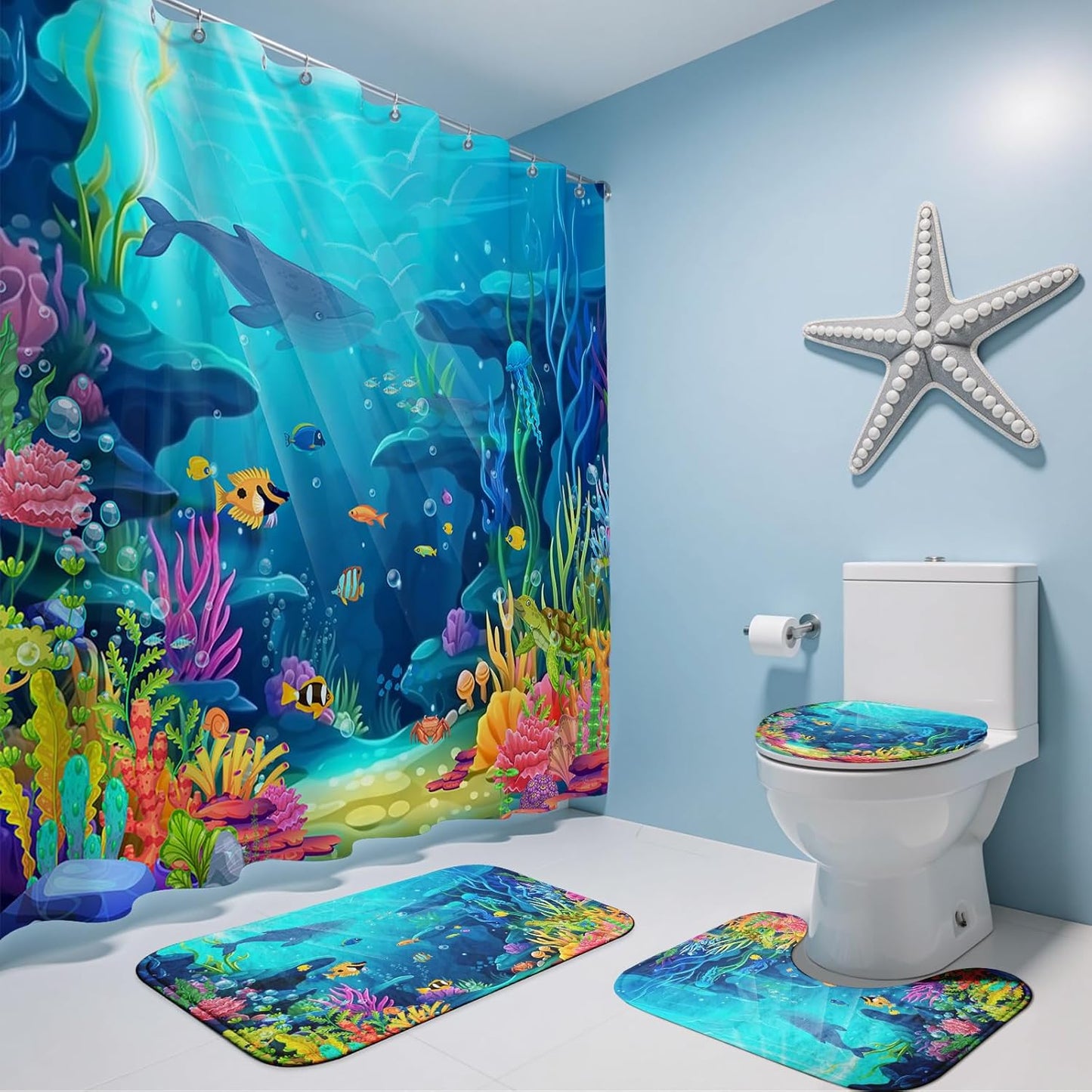 Skiennix Ocean Shower Curtain Set - Tropical Underwater World with Non-Slip Bath Rugs | 4-Piece Kids Bathroom Decor