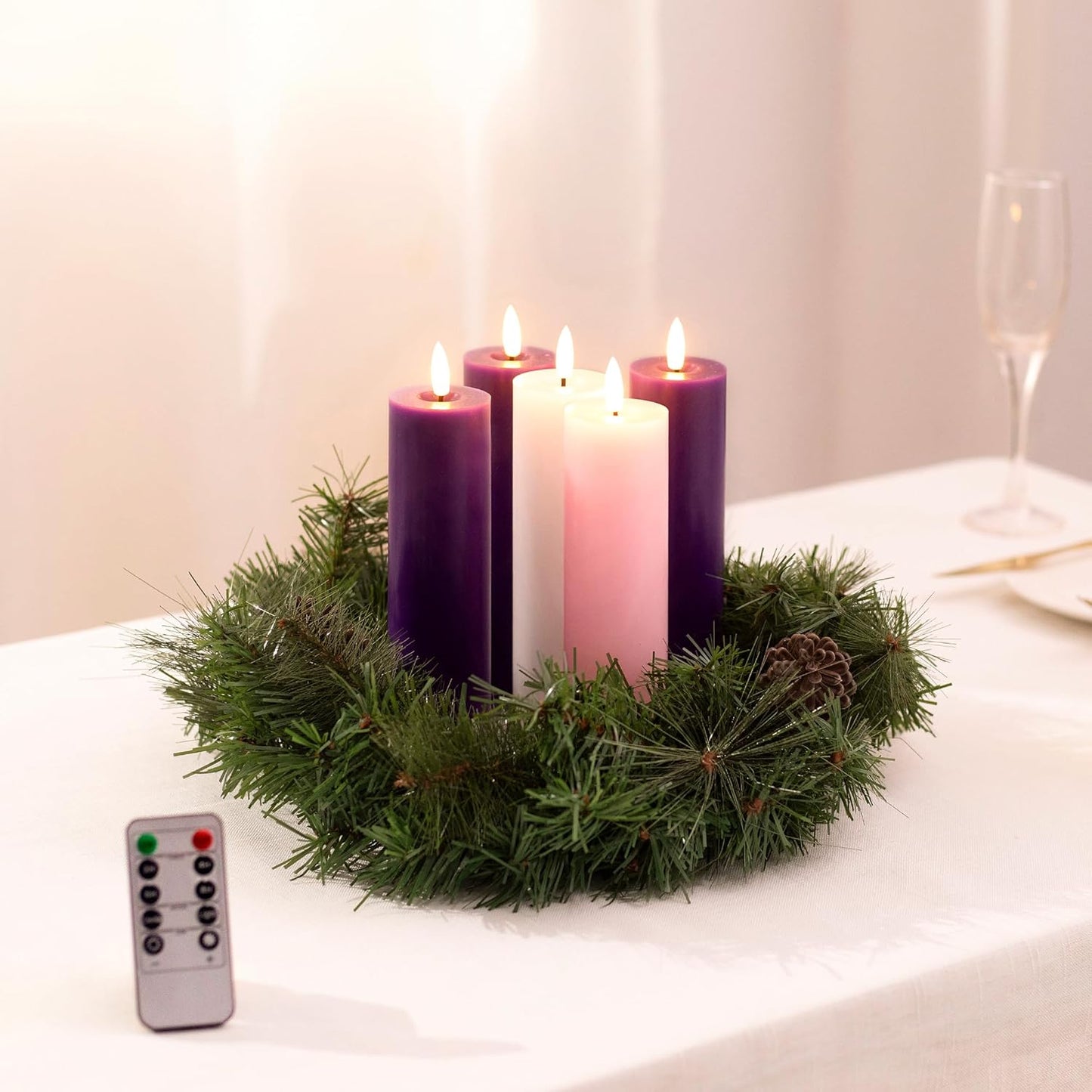 Stmarry Flameless Advent Candles Set - Battery Operated with Remote & Timer | 2x7 Pink & Purple Pillar Candles