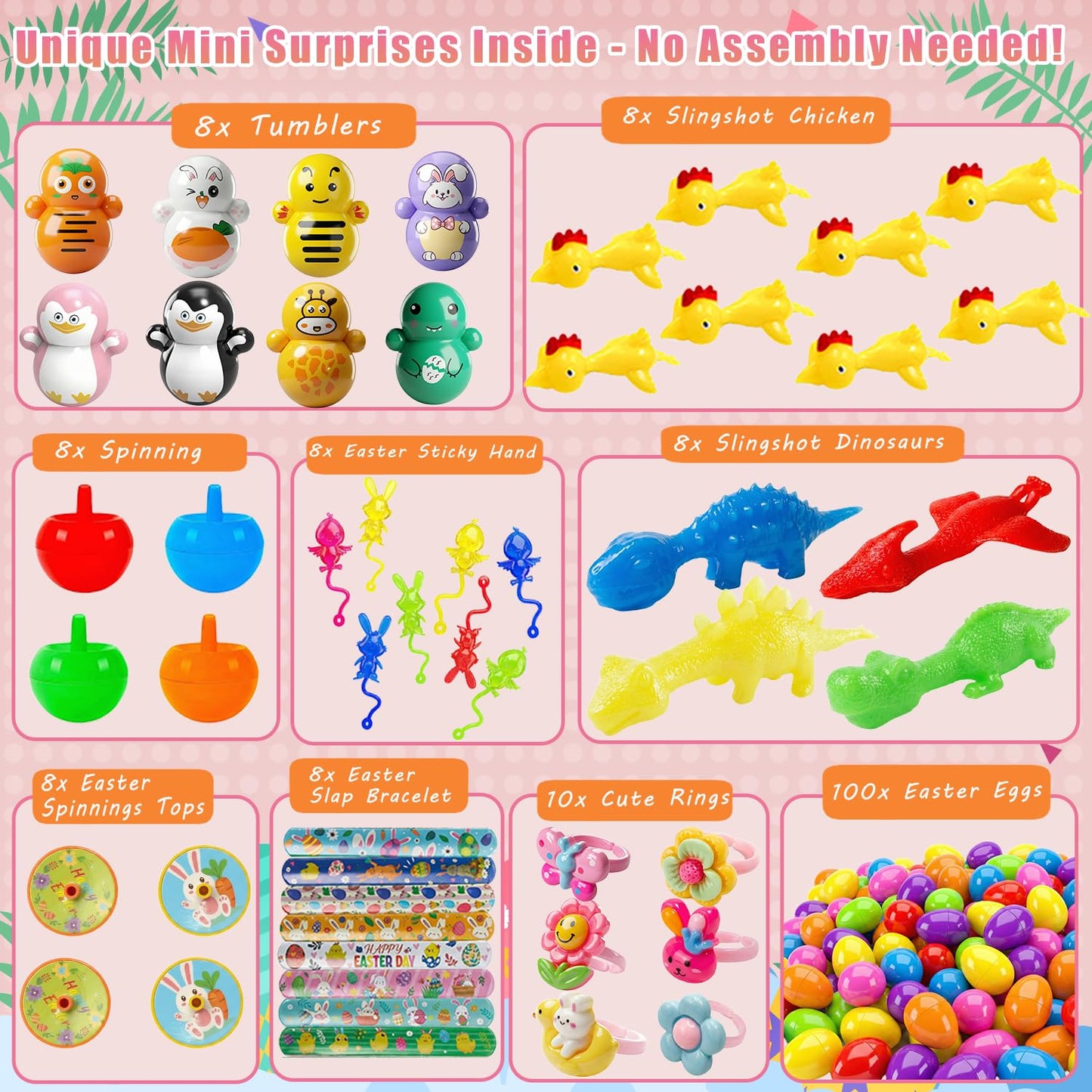 SQZUWIT 100 Pcs Prefilled Easter Eggs Filled with Toys Inside for Kids Boys Girls Pre-filled Easter Hunt Basket Stuffers Essentials Fillers Party Favors Classroom Prize Supplies