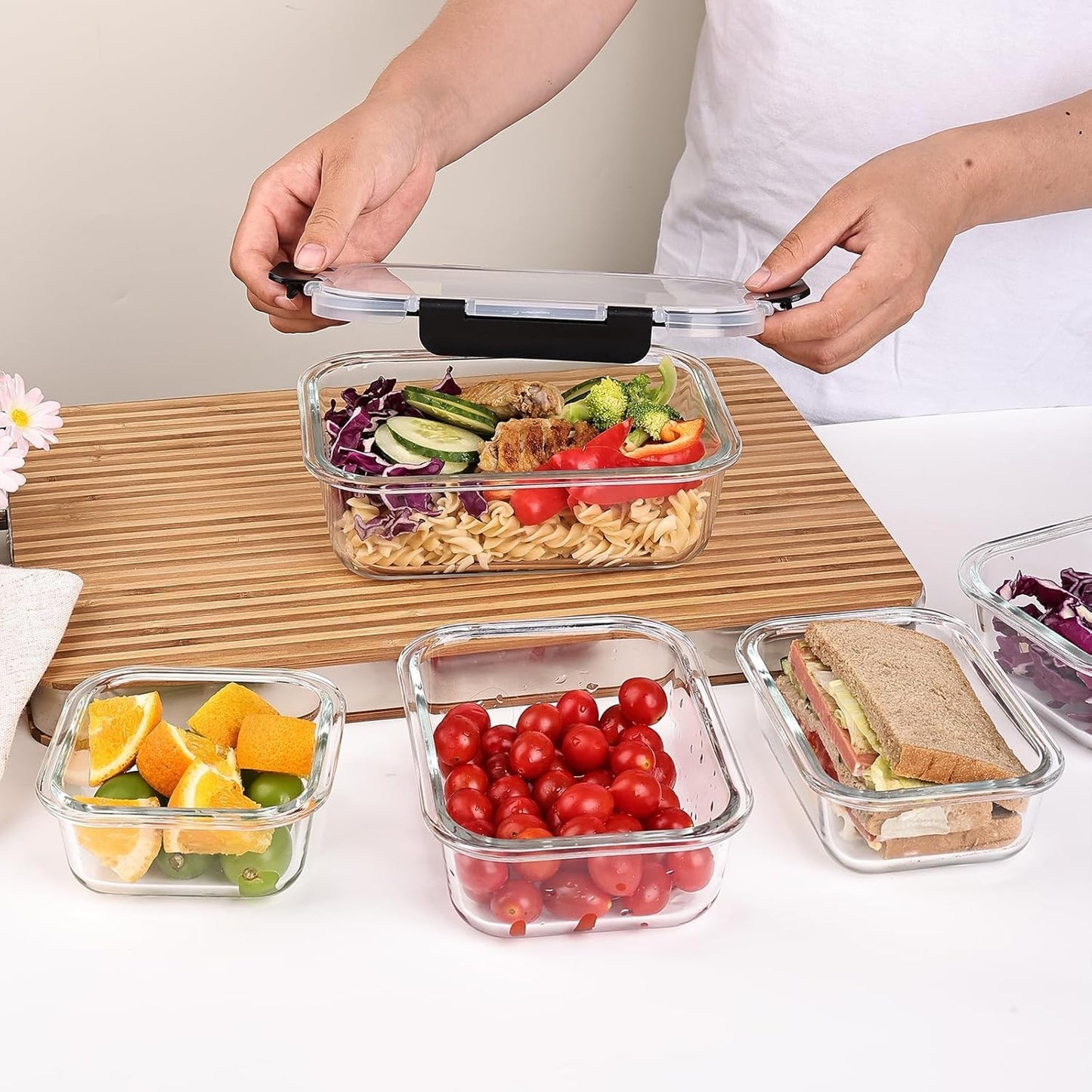 Liuruiyu Glass Food Storage Containers - 8 Pack Airtight Meal Prep Bento Boxes | BPA Free, Leak Proof, Microwave Safe