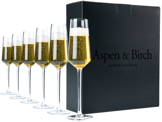 Aspen & Birch - Classic Champagne Flutes Set of 6 - Champagne Glasses - Mimosa Glasses, Premium Crystal Stemware, Clear, 6 oz, Hand Blown Glass Champagne Flutes - Hand Crafted by Artisans