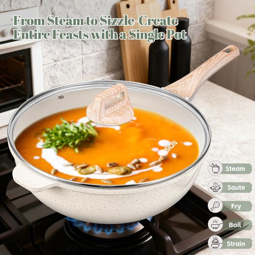 AOSION 12 Inch Nonstick Ceramic Deep Frying Pan Skille with Lid,5.5QT Sauté Pan for Cooking with Steam Rack,Healthy Large Skillet,Stay Cool Handle, Induction Compatible, PFOA & PFAS Free. (WHITE)