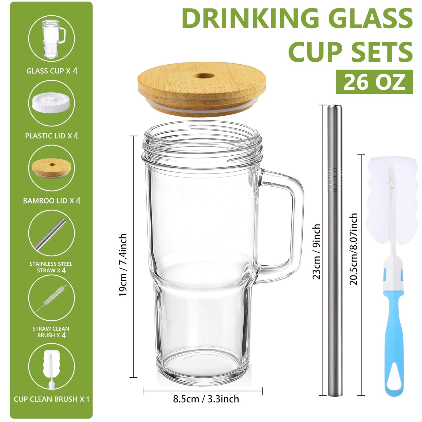 Birity Glass Cups with Lids and Straws,24oz Glass Tumbler With Handle,4 Pack Reusable Iced Coffee Cup with Lids-Mason Jar with Lid and Straw,Boba Cup for Cold & Hot Drinks,Smoothies Cup,Travel Mug