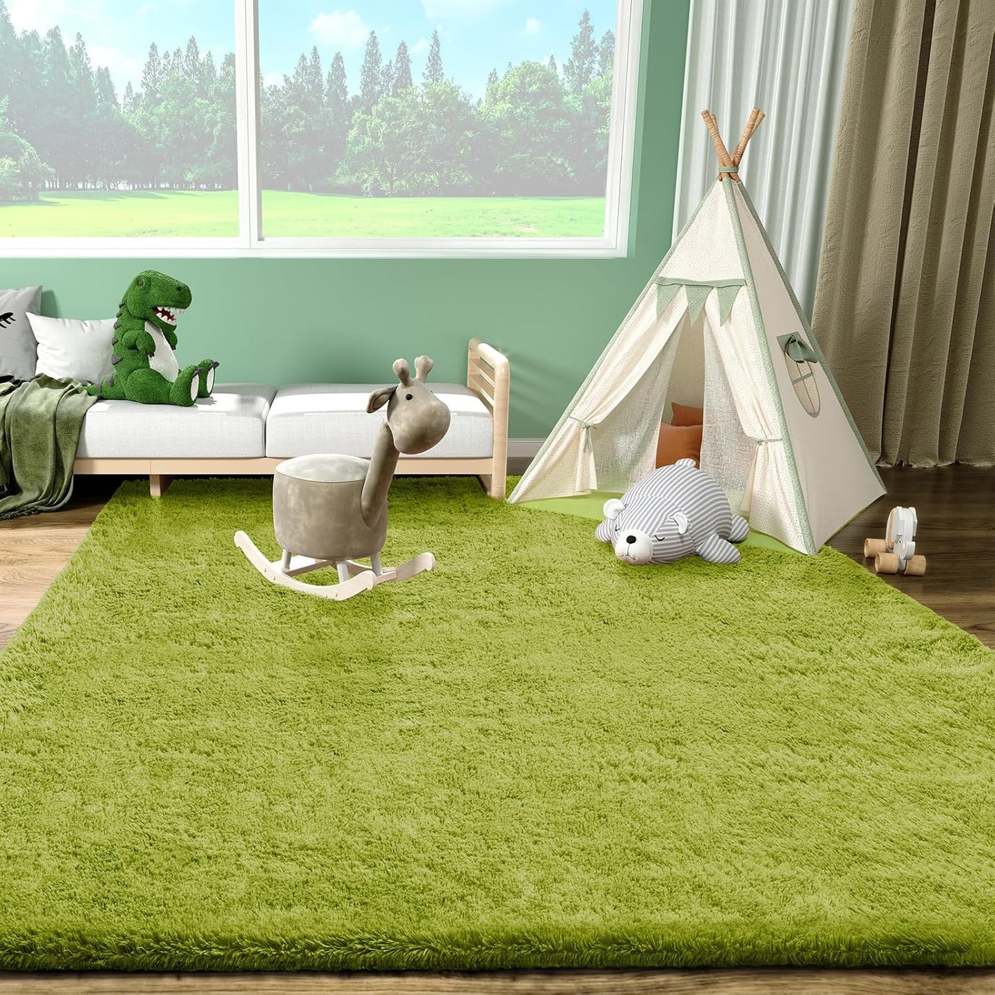 Ophanie Green Area Rug - Soft Fluffy Shag Carpet for Bedroom | 4x6 Furry Plush Design for Kids' Room