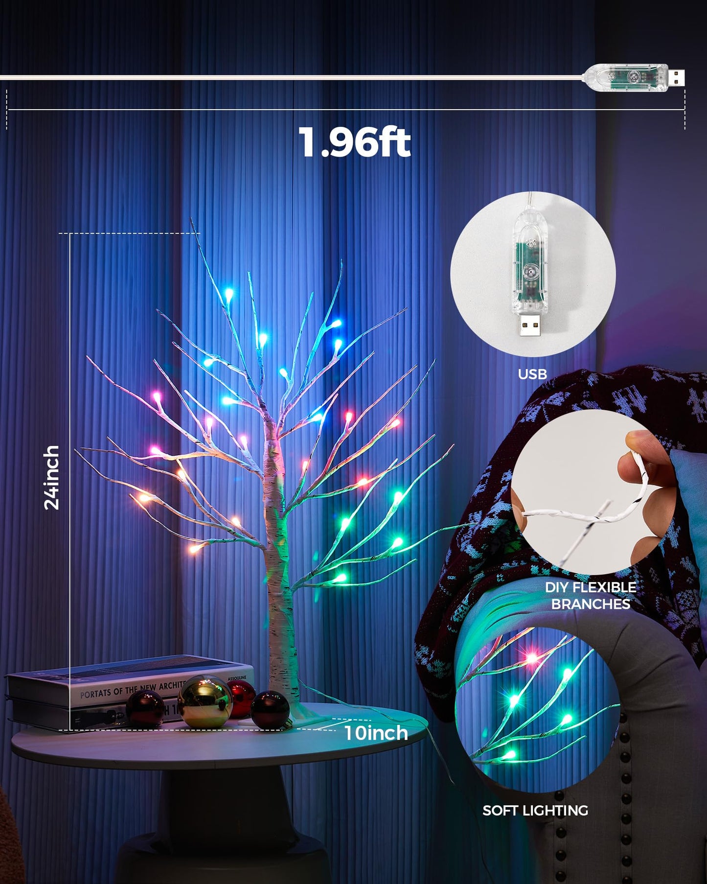 Ariceleo 2FT Lighted Birch Tree with RGB LED Lights, USB Powered, Timer & APP Control, 24 LED, Tabletop Decor for Christmas, Thanksgiving, Holiday Decorations – Indoor & Outdoor Use